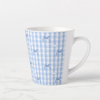 Taza De Café Latte Cuadro de Gingham Azul con Lazos Elegantes