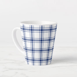 Taza De Café Latte Cuadro náutico azul y blanco