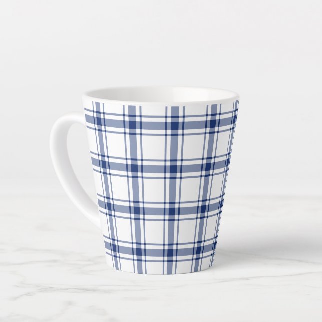 Taza De Café Latte Cuadro náutico azul y blanco (Ángulo izquierdo)