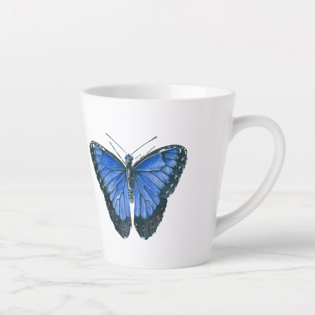 Taza De Café Latte Cuadros de acuarela de morfo azul (Derecha)