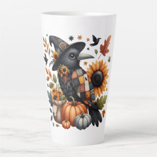 Taza De Café Latte Cuervo Caprichoso con Calabazas y Girasoles