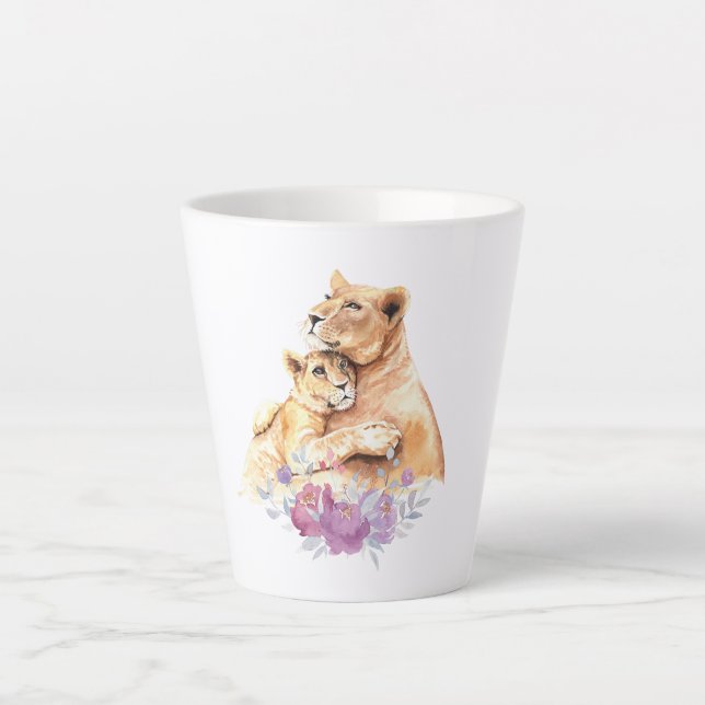 Taza De Café Latte Cuidada acuarela madre león y cachorro (Anverso)
