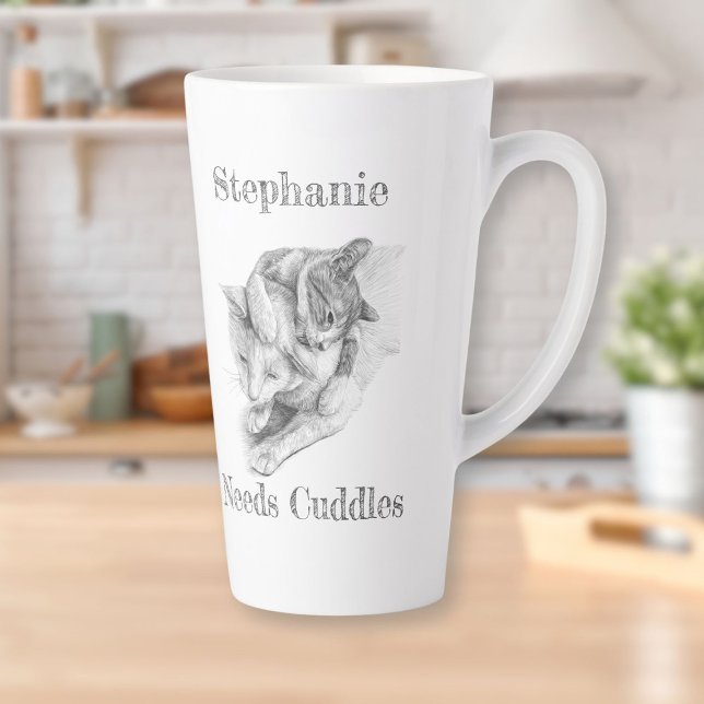 Taza De Café Latte Cuidados personalizados de gatos (Personalized Cats Cuddling Latte Mug)
