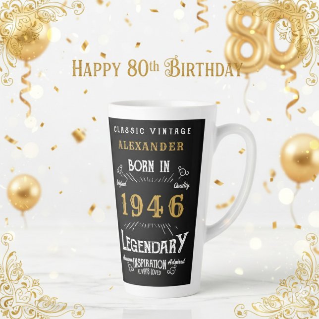 Taza De Café Latte Cumpleaños 80 1946 Legendario Retro (1946 latte mug on a white and gold background.)