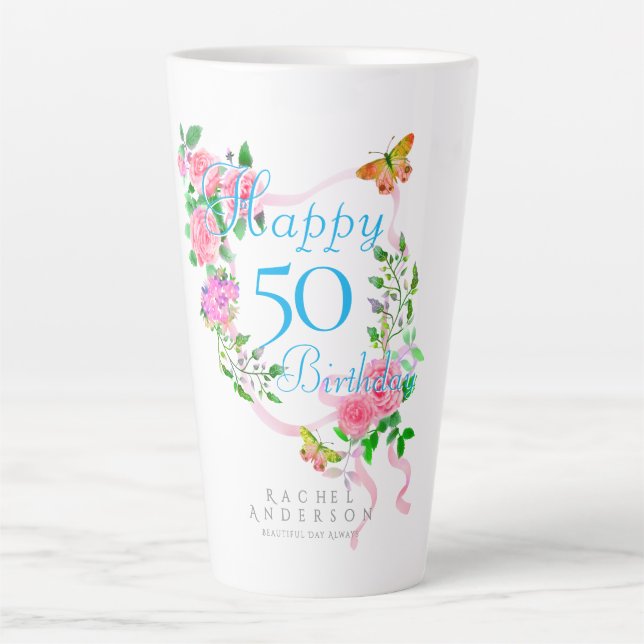 Taza De Café Latte Cumpleaños de la cinta rosa (Anverso)