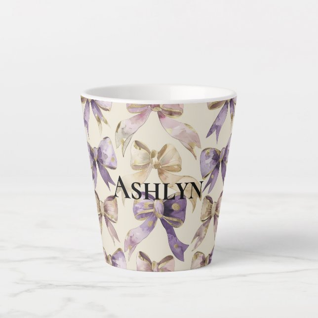 Taza De Café Latte Cumpleaños de Purple Gold Bows (Anverso)