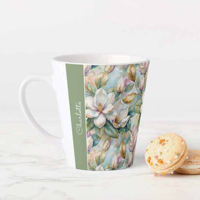 Taza De Café Latte Custom Pattern Elegant Magnolia Flowers (In situ)