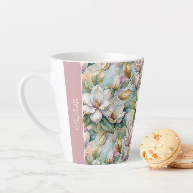 Taza De Café Latte Custom Pattern Elegant Magnolia Flowers (In situ)