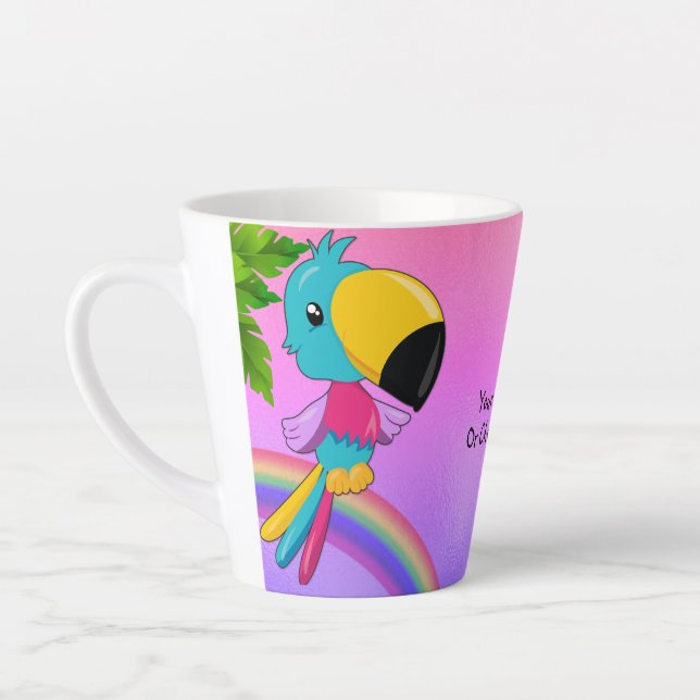 Taza De Café Latte CustomText/ Tropical Kawaii Toucan Beach Rainbow (Izquierda)