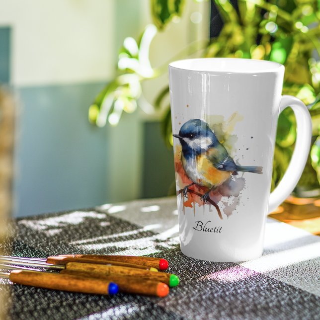 Taza De Café Latte Cute Bluetit en una sucursal, personalizado (Subido por el creador)