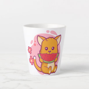 Taza De Café Latte Cute gato comiendo sandía   Kawaii