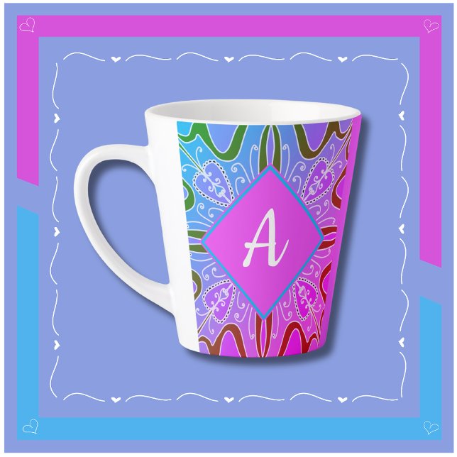 Taza De Café Latte Cute Girly Whimsical Arte Folclórico Rosa Azul Púr (Pretty Personalized Mug in Pink, Purple and Blue. The Perfect Gift For Family and Friends!)