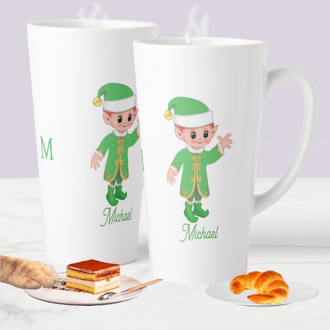 Taza De Café Latte Cute Lucky Elf with Script and Monogram (Subido por el creador)