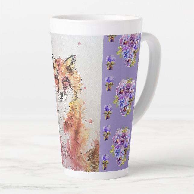 Taza De Café Latte Cute Red Fox Animal Purple Pansies Latte Mug (Ángulo derecho)