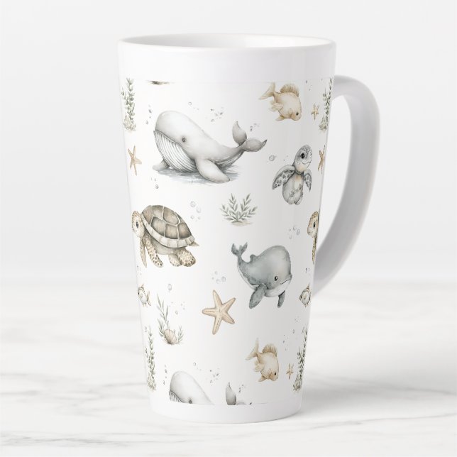 Taza De Café Latte Cute Watercolour Ocean Baby Animals  (Ángulo derecho)