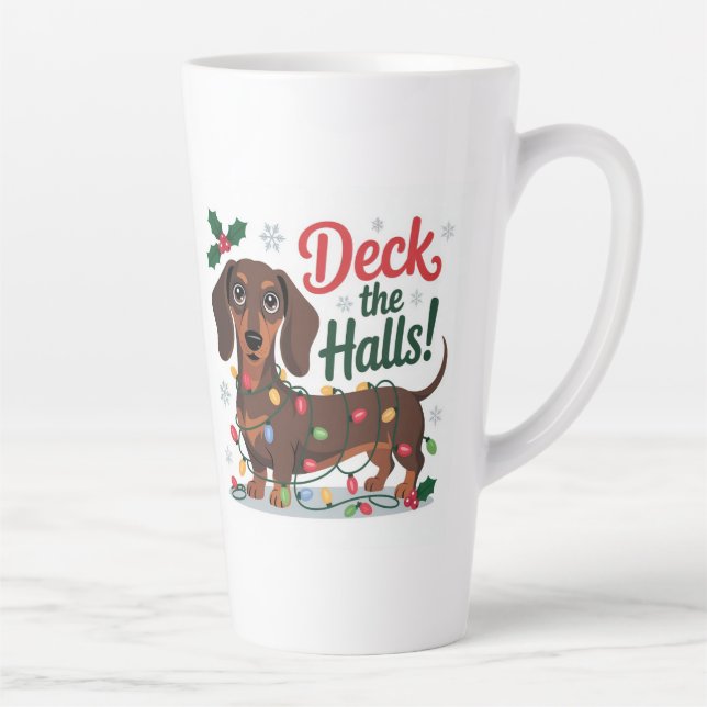 Taza De Café Latte Dachshund Christmas Mug – Deck the Halls Holiday  (Derecha)