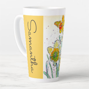 Taza De Café Latte Daffodil Flor Flor acuarela Floral Mujer Nombre
