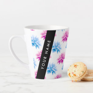 Taza De Café Latte Dalia rosa y azul, patrón floral, tu nombre