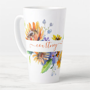 Taza De Café Latte Dalias en acuarela personalizadas 
