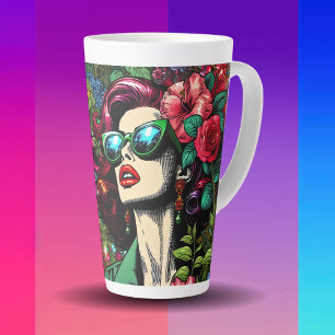 Taza De Café Latte Dama bonita en jardín de flores Colorido