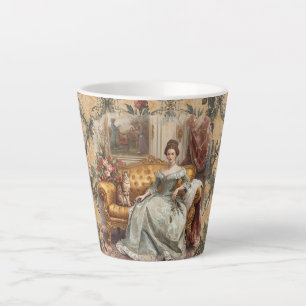 Taza De Café Latte Dama noble vintage hermosa y gato, clásico