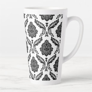 Taza De Café Latte Damascado Rococó Gran Patrón Negro sobre Blanco