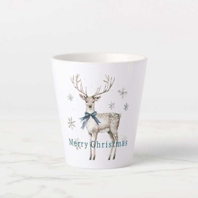 Taza De Café Latte Deer Blue Bow Snowflakes Christmas (Anverso)
