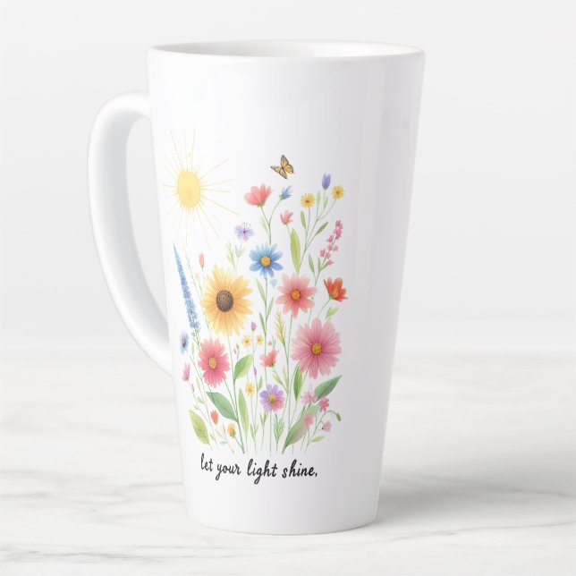 Taza De Café Latte Deja que tu luz brille flores y sol (Ángulo izquierdo)