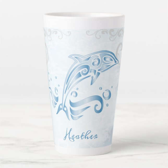 Taza De Café Latte Delfín azul latte peluca personalizada (Anverso)