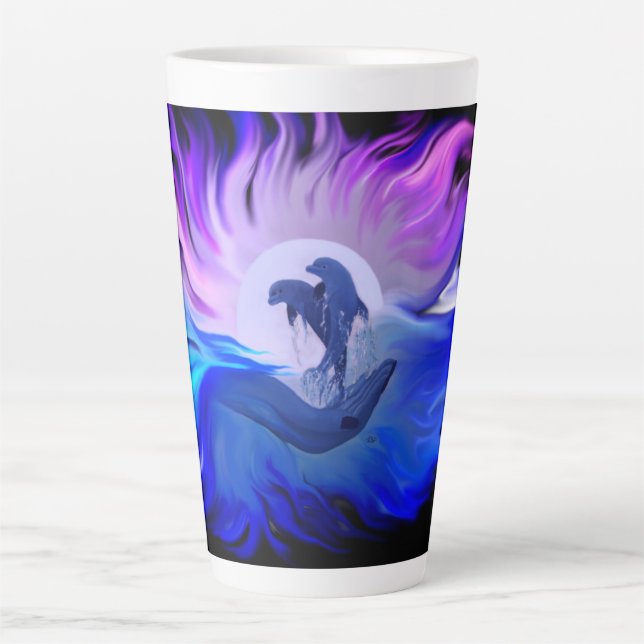Taza De Café Latte Delfines en la luna (Anverso)