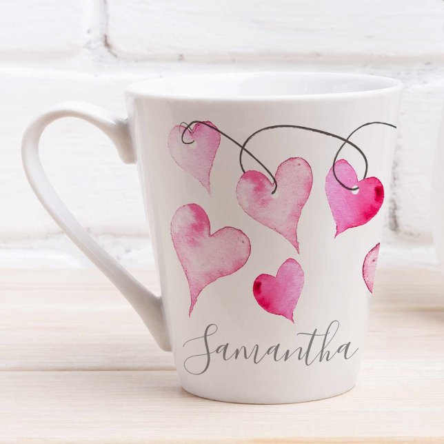 Taza De Café Latte Día de San Valentín personalizado lindo y personal (Personalized Galentines party decor coffee mugs with pink hearts art by Victoria Grigaliunas)