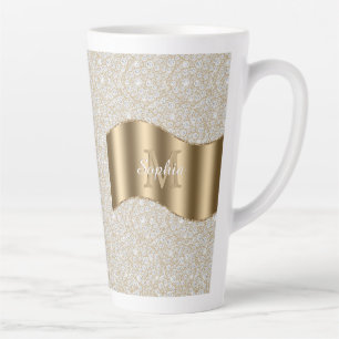 Taza De Café Latte Diamantes, gran monograma de oro nombre en escritu
