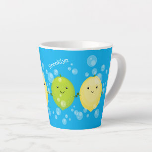 Taza De Café Latte Dibujo animado de limón lima lindo y feliz