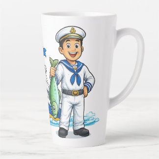 Taza De Café Latte Dibujo animado de marinero con yate y pez Arte náu