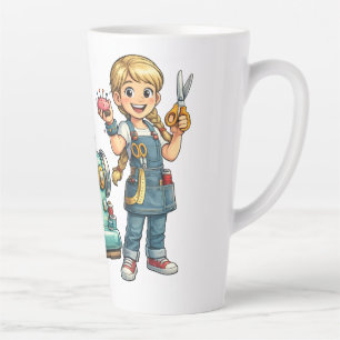 Taza De Café Latte Dibujo animado de niña cosiendo con máquina vintag