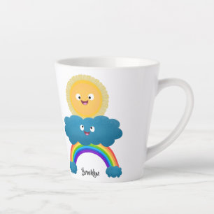 Taza De Café Latte Dibujo animado de sol feliz y nube arcoíris lindo