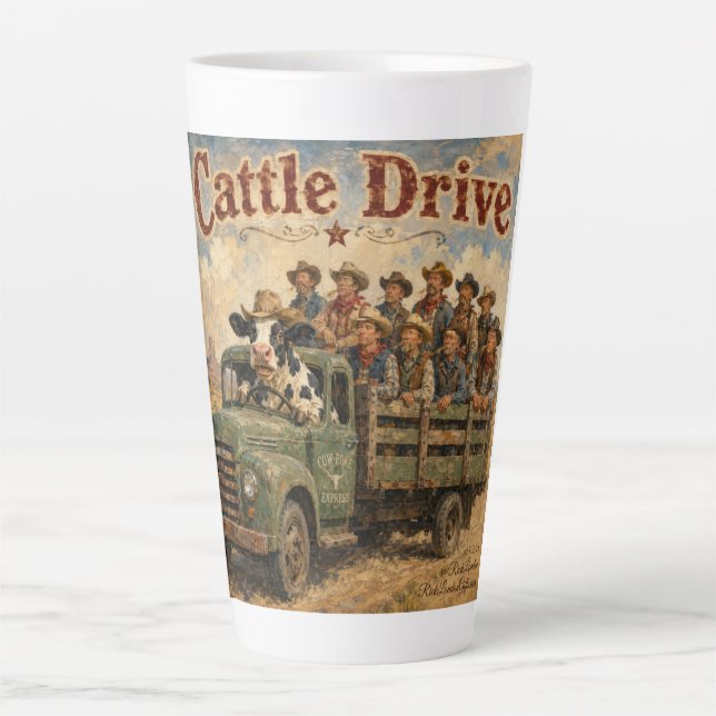 Taza De Café Latte Dibujo Animado de Vaqueros - Vaca Guiando Vaqueros (Anverso)