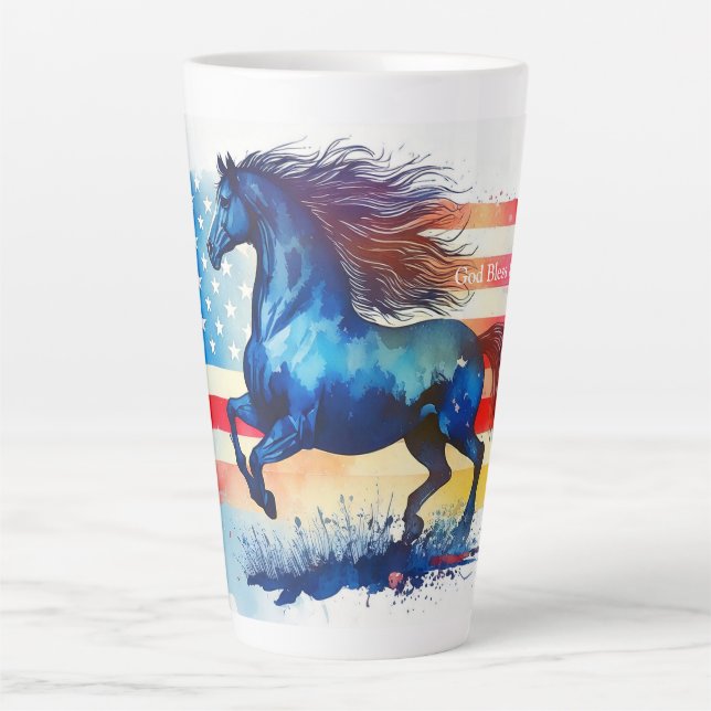 Taza De Café Latte Dios bendiga al caballo patriótico estadounidense (Anverso)