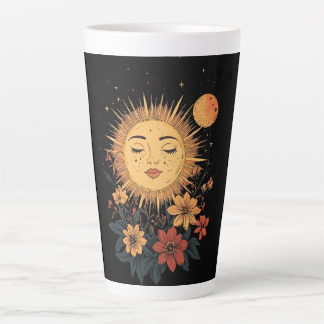 Taza De Café Latte Diosa solar celestial con florlanes florecientes (Anverso)