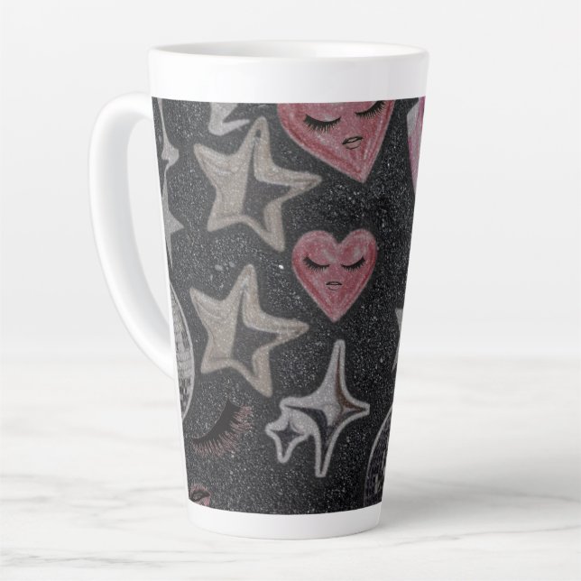Taza De Café Latte Disco Hearts Tall Latte Mug – Stylish Glam Coffee  (Ángulo izquierdo)
