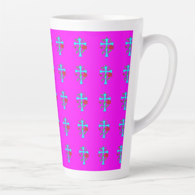 TAZA DE CAFÉ LATTE DISEÑO CRUZ LUMINOSO CON FLORES (Derecha)
