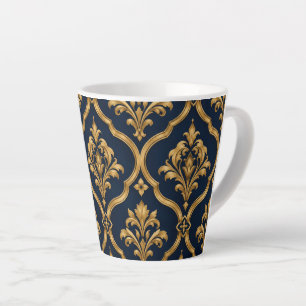 Taza De Café Latte Diseño de Motivo Vintage de Damasco Dorado y Azul 