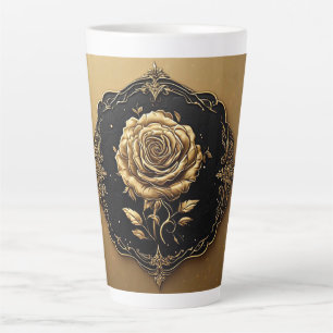 Taza De Café Latte Diseño de Rosa Artística Dorada con Detalles Ornam