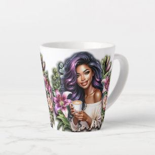 Taza De Café Latte Diseño Floral Hermosa Dama Con Café