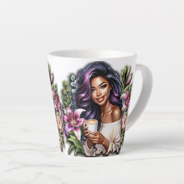 Taza De Café Latte Diseño Floral Hermosa Dama Con Café (Ángulo derecho)