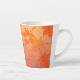 Taza De Café Latte Diseño otoñal con hojas de arce y efecto bokeh