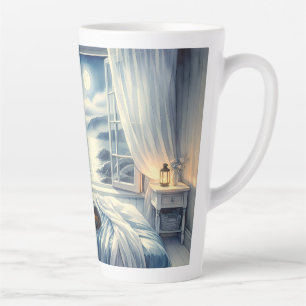 Taza De Café Latte Dormitorio costero iluminado por la luna con gato