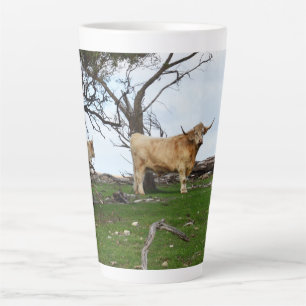 Taza De Café Latte Dos vacas de altiplano en tierras rurales pacífica