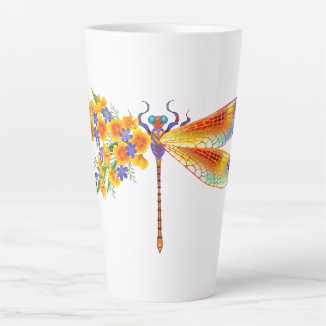 Taza De Café Latte Dragón de flores amarillas (Anverso)