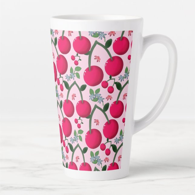 Taza De Café Latte Dulce patrón de cereza, Fruta Kawaii brillante (Derecha)